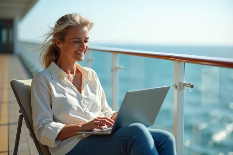 Femme assise sur le pont d'un navire avec son ordinateur portable