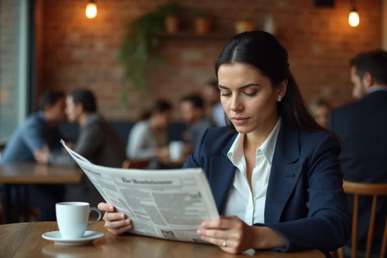Femme lisant le journal dans un café parisien pour rester informée de l'actualité quotidienne