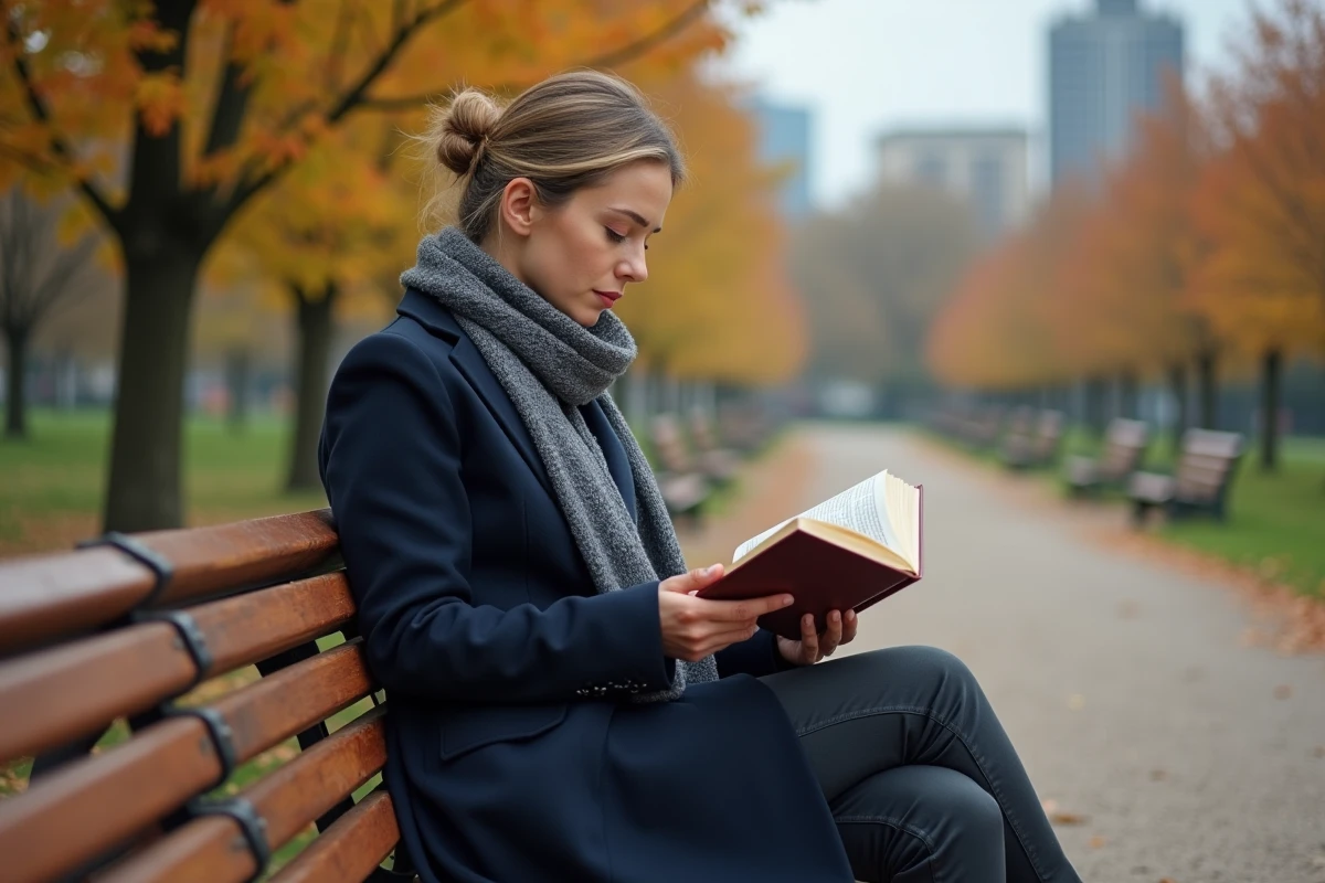 Femme lisant un livre dans un parc en automne