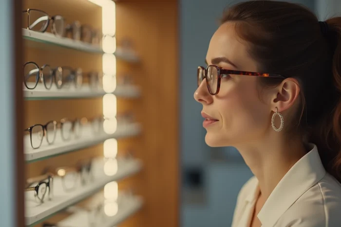 Femme dans la quarantaine essayant de grandes lunettes en acétate pour dissimuler ses cernes dans une boutique d'optique moderne