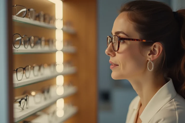 Femme dans la quarantaine essayant de grandes lunettes en acétate pour dissimuler ses cernes dans une boutique d'optique moderne