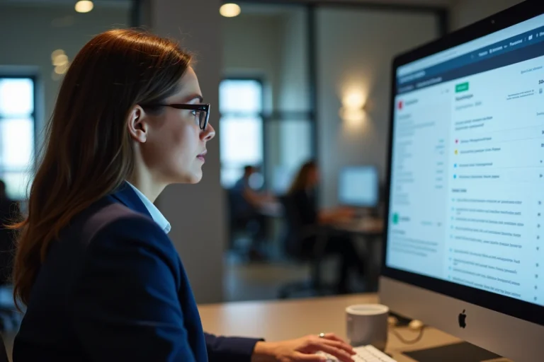 Femme professionnelle utilisant la messagerie Roundcube sur un ordinateur de bureau dans un bureau moderne à Marseille