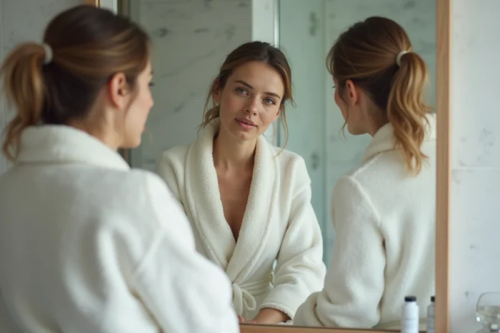 Jeune femme aux cernes en peignoir examinant son visage dans un miroir de salle de bain pour évaluer l'effet dissimulateur de ses lunettes