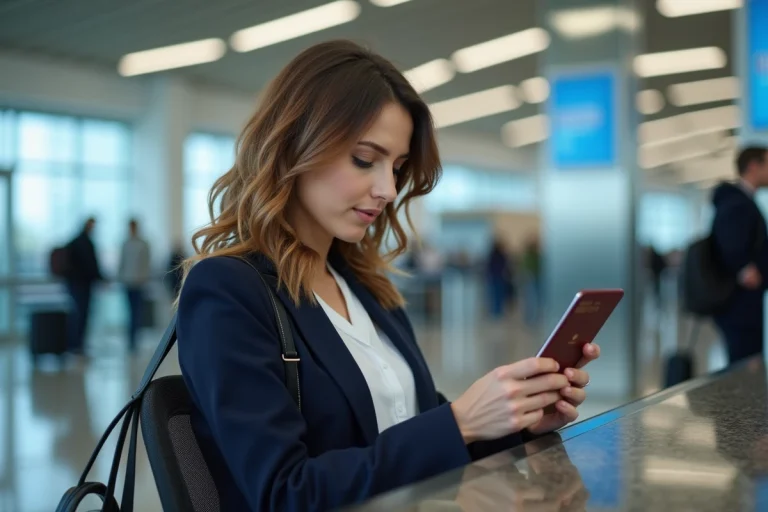 Femme avec passeport à l'aéroport en check-in