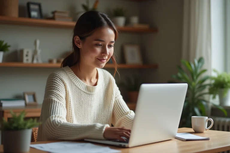 Jeune femme consultant un site de planification de mariage sur son ordinateur portable dans un bureau à domicile
