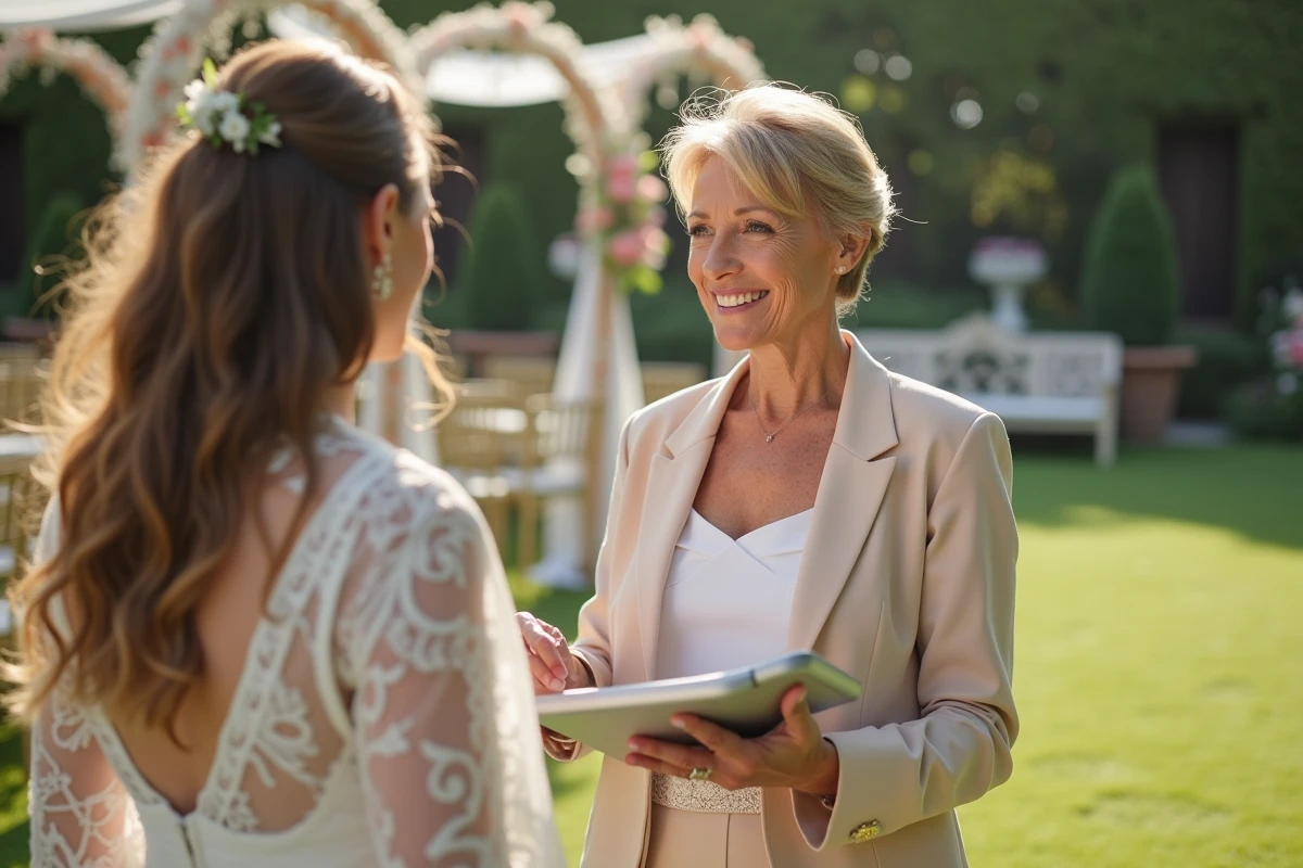Femme wedding planner discutant avec une mariée dans un jardin
