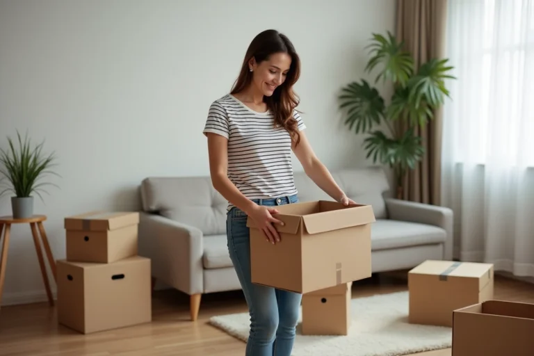 Femme pliant des cartons dans un salon cosy