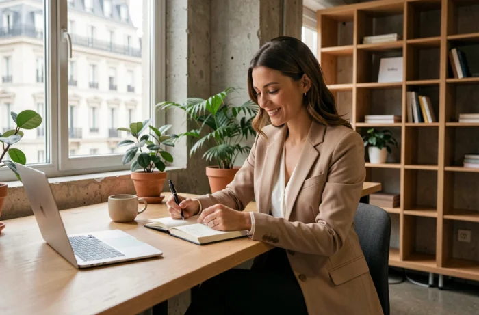 Femme professionnelle épanouie dans un espace de coworking parisien, illustrant l'équilibre entre carrière et bien-être au travail