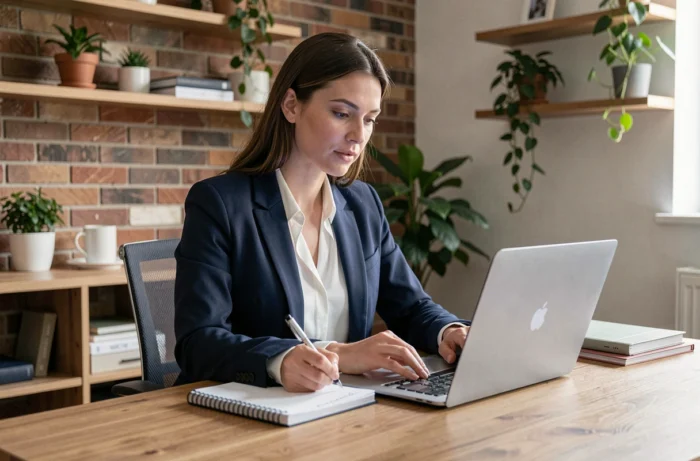 Femme professionnelle utilisant des ressources en ligne sur son ordinateur portable dans un bureau moderne