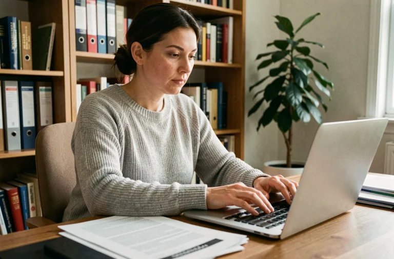 Femme consultant des documents administratifs sur un bureau en bois pour retrouver une adresse légalement