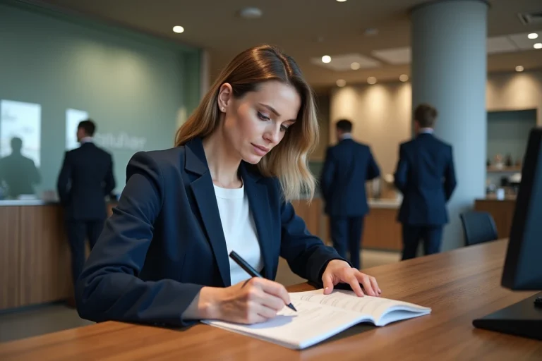 Femme remplissant un cheque dans une banque moderne