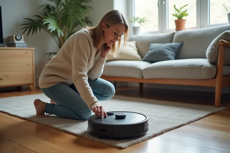 Femme examinant un robot aspirateur dans un salon moderne