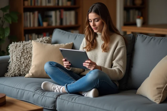 Jeune femme regardant une tablette dans un salon cosy