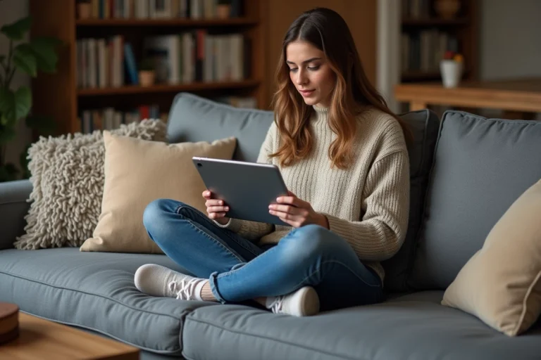 Jeune femme regardant une tablette dans un salon cosy