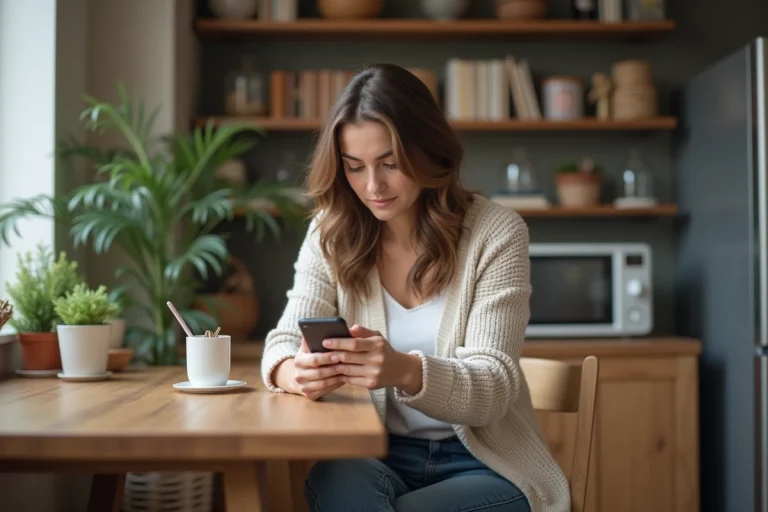 Femme assise à une table de cuisine moderne utilisant son smartphone