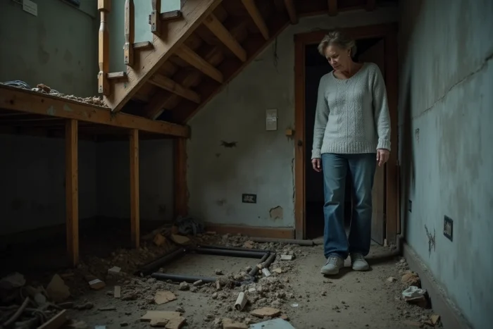 Femme inquiète observant des solives de plancher en bois pourries et un sous-plancher effondré depuis l'entrée d'un sous-sol, révélant des risques structurels graves