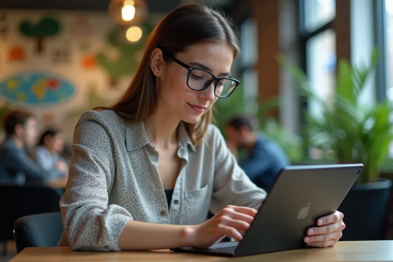 Jeune femme concentrée utilisant une tablette dans un espace coworking