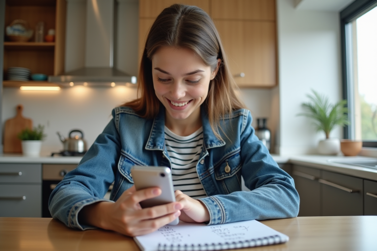 Jeune femme avec smartphone et carnet de contacts