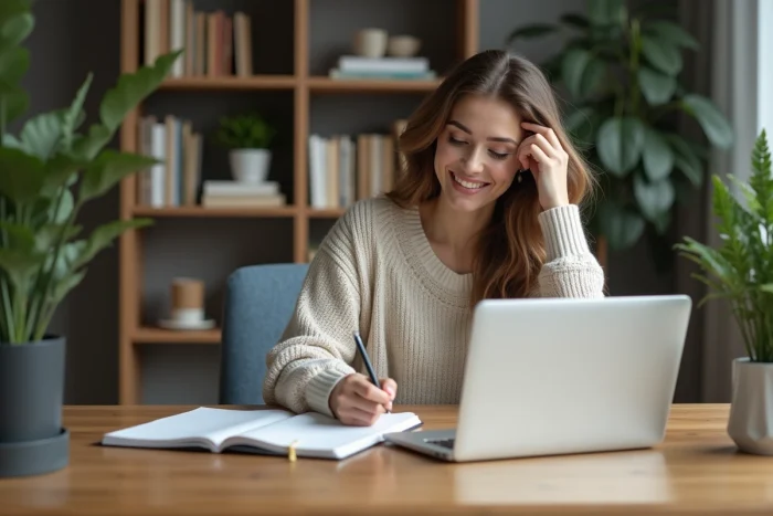 Jeune femme concentrée travaillant dans son bureau à domicile