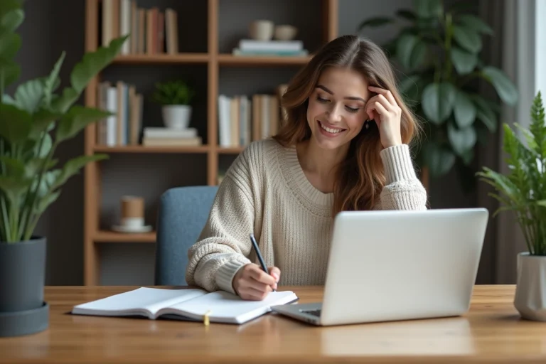 Jeune femme concentrée travaillant dans son bureau à domicile