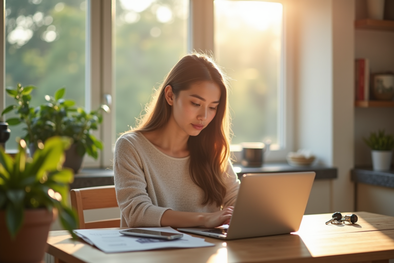 Jeune femme travaillant à la maison avec ordinateur et smartphone