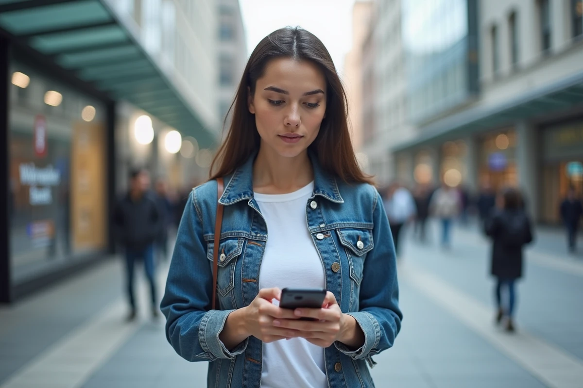 Jeune femme dans la ville regardant son smartphone