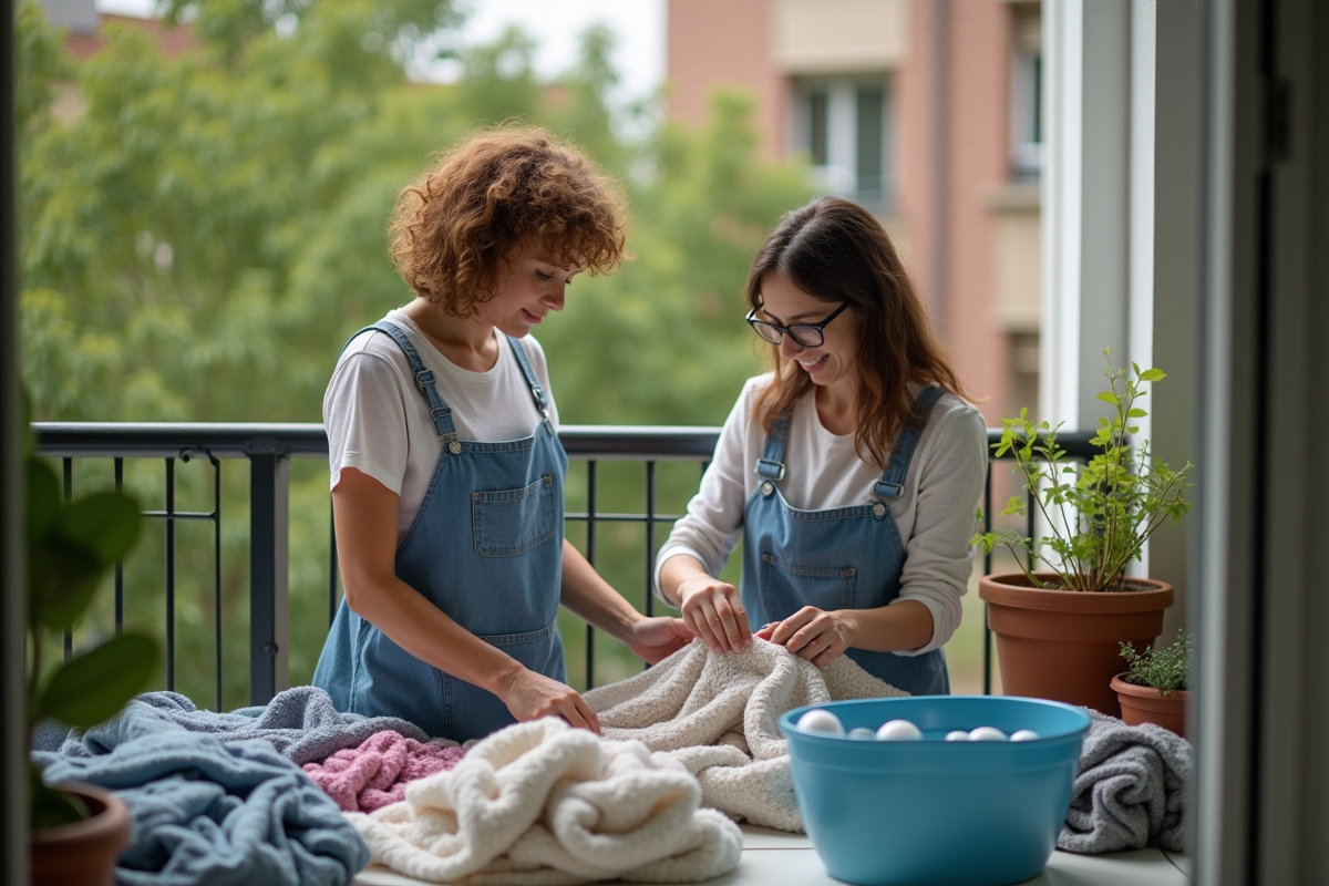 Deux femmes faisant la lessive sur un balcon en ville