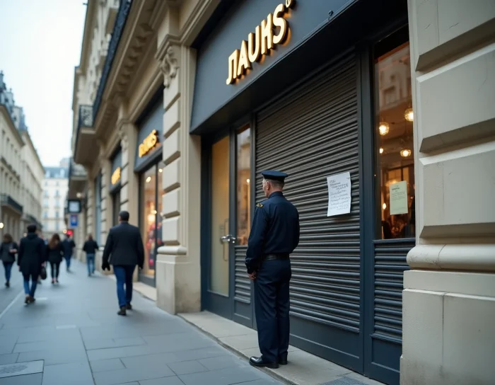Façade d'un grand magasin Galeries Lafayette avec portes fermées et agent de sécurité devant l'entrée