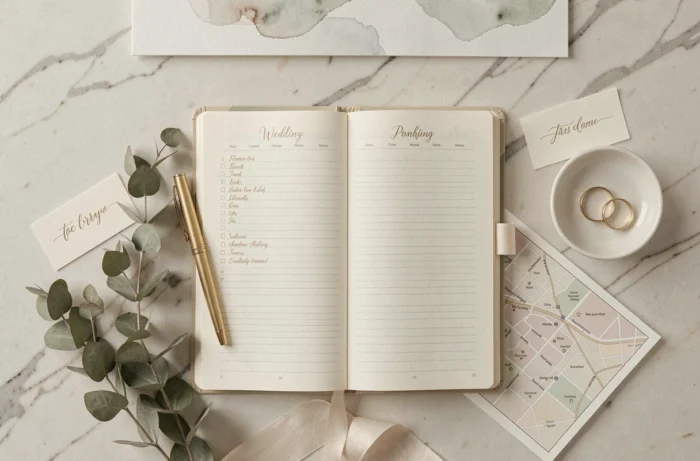 Flat-lay élégant d'accessoires de planification de mariage sur marbre avec agenda, faire-part calligraphiés et alliances en or