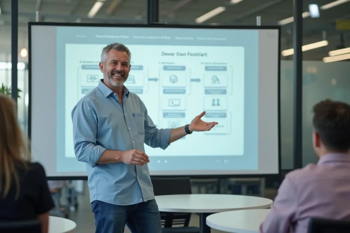 Un formateur professionnel explique un plan de développement des compétences devant un tableau interactif dans un espace de formation moderne