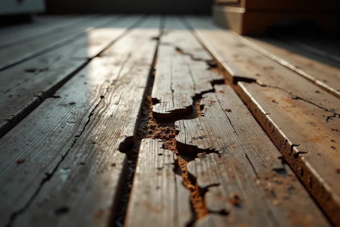 Gros plan sur un plancher en bois fissuré et pourri avec des clous qui remontent, signes typiques d'un plancher en danger d'effondrement