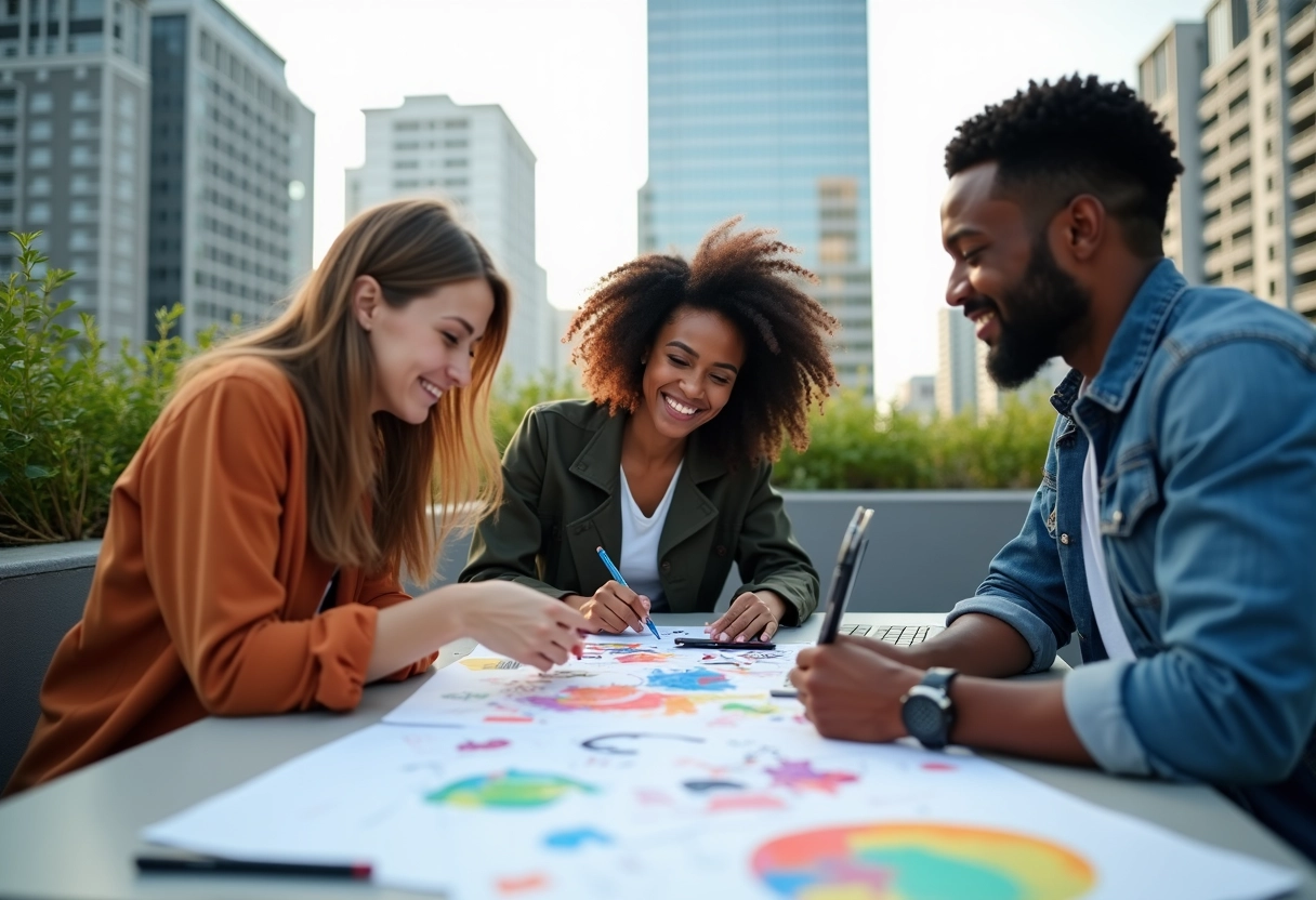 Groupe de jeunes professionnels en brainstorming en terrasse urbaine