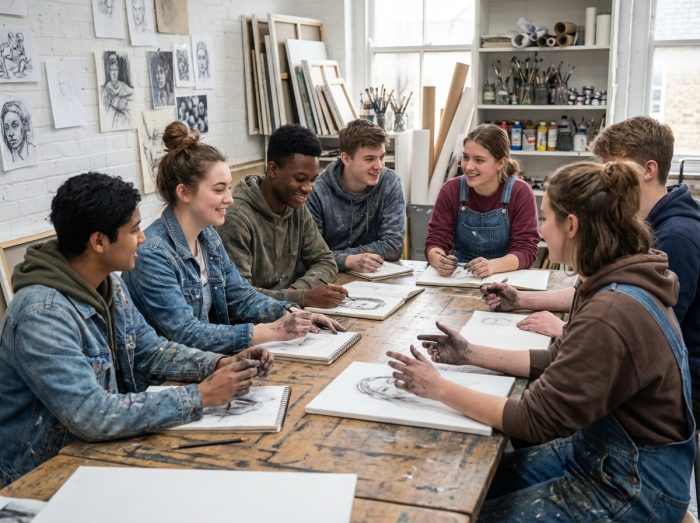 Groupe d'étudiants en art dans un atelier créatif