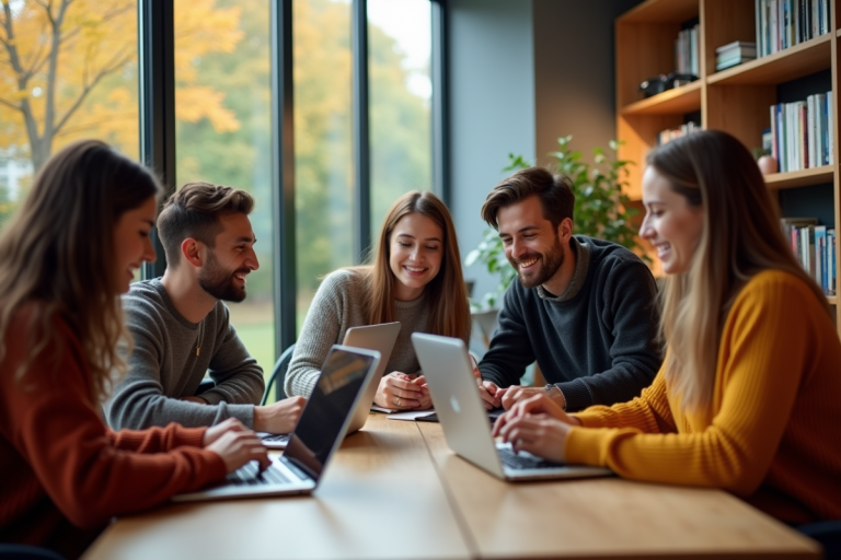 Groupe d'étudiants en lounge universitaire en automne