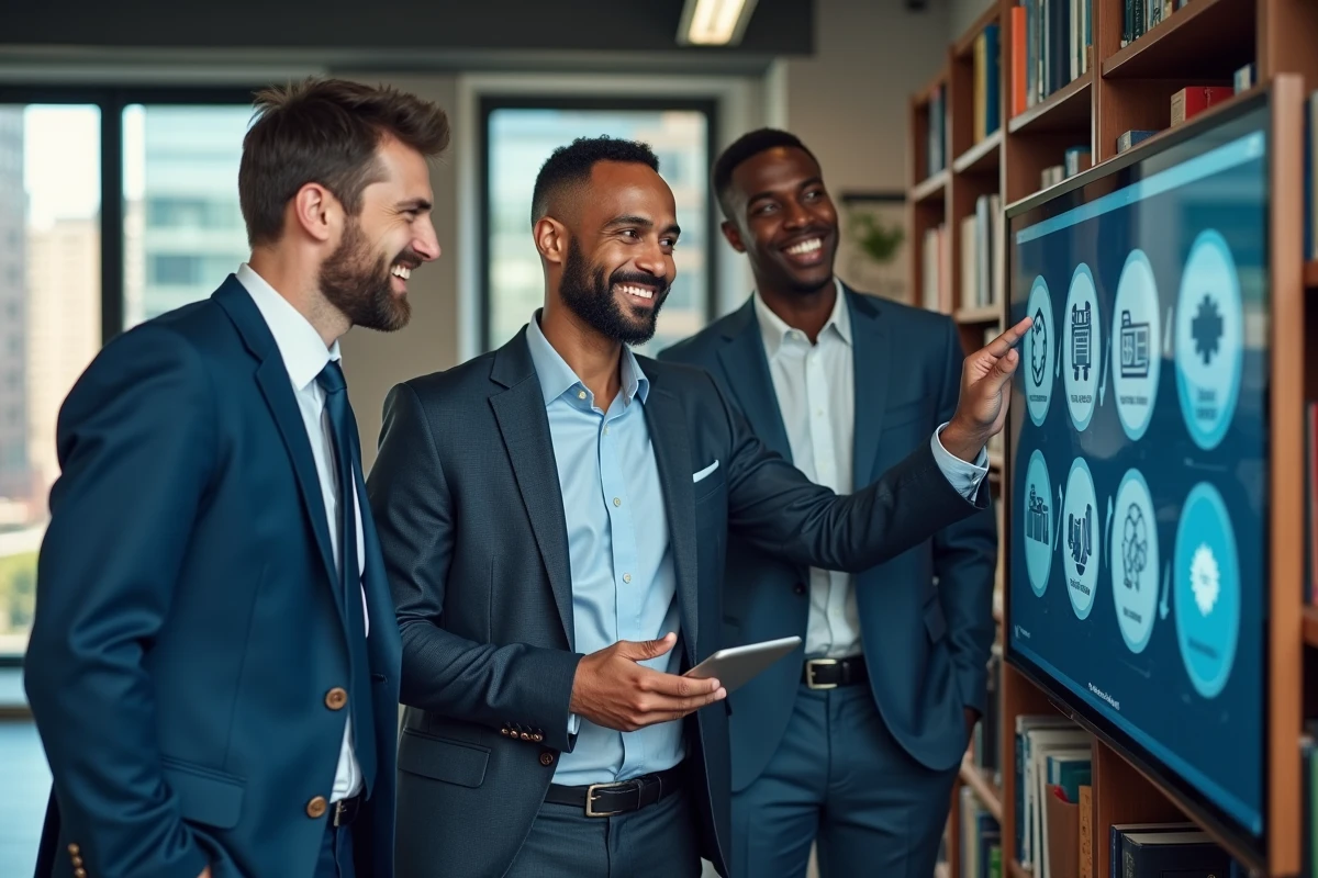 Groupe de trois professionnels discutant autour d’un écran interactif