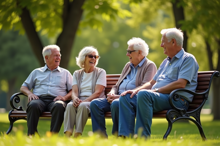 Groupe de seniors français riant sur un banc en plein air