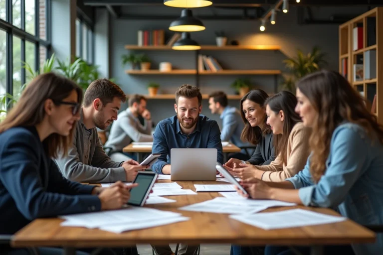 Groupe diversifié en coworking avec table et appareils