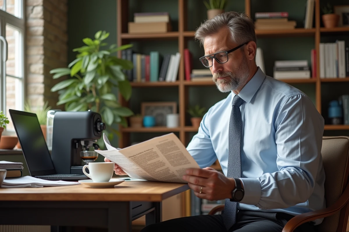 Homme lisant un journal avec une machine à café en fond