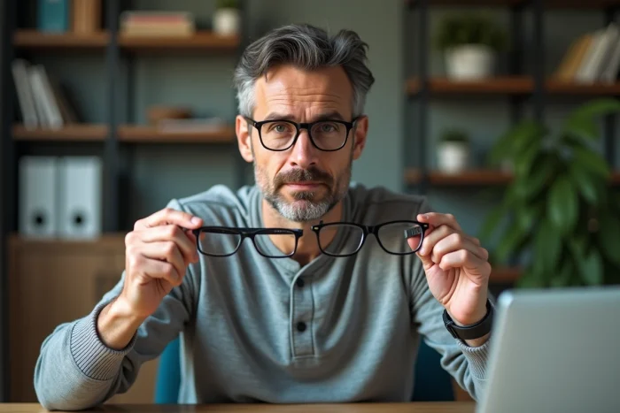 Homme aux cernes prononcés comparant deux montures de lunettes à son bureau à domicile pour choisir celle qui les dissimule le mieux