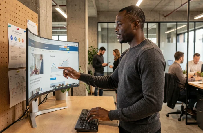 Homme en télétravail consultant des ressources professionnelles en ligne dans un espace de coworking
