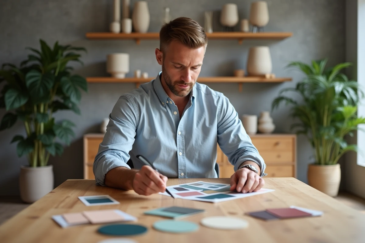 Homme examinant des échantillons de couleurs à la table