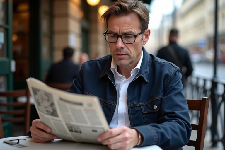 Homme d'âge moyen lisant un journal à Paris