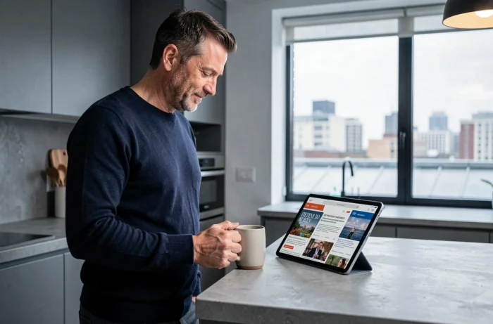 Homme lisant les médias et la culture sur une tablette dans une cuisine contemporaine urbaine