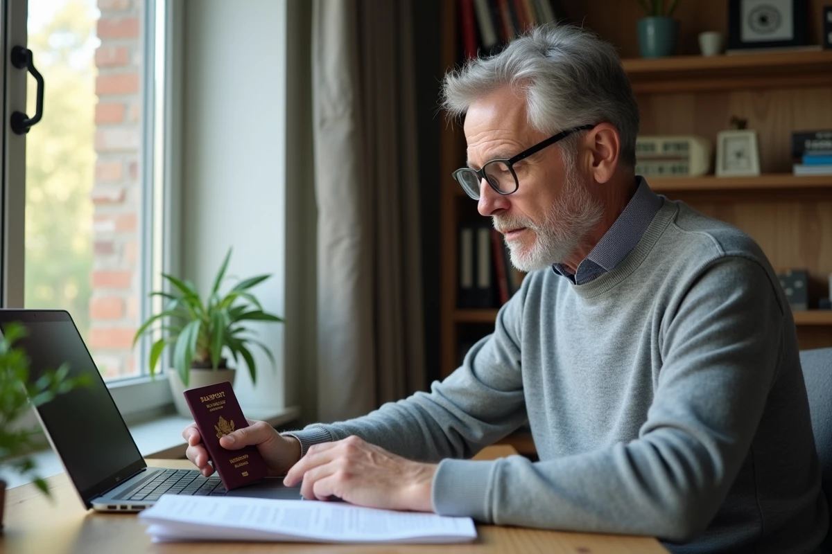 Homme vérifiant ses documents de voyage à la maison