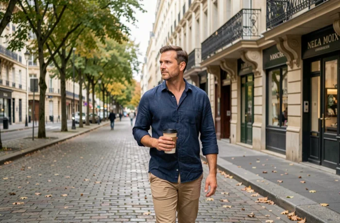 Homme actif en pause déjeuner sur un boulevard parisien, symbolisant la déconnexion et l'équilibre professionnel en ville