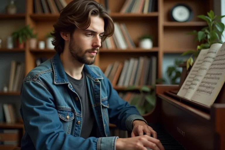 Homme jouant du piano dans un salon chaleureux