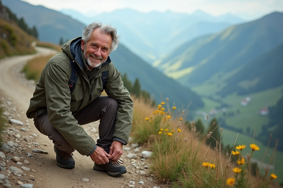 Homme en randonnée attache ses chaussures sur un sentier de montagne
