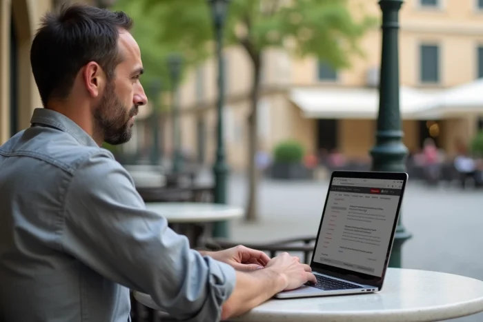 Homme travaillant sur la messagerie Roundcube depuis un café en terrasse à Aix-en-Provence