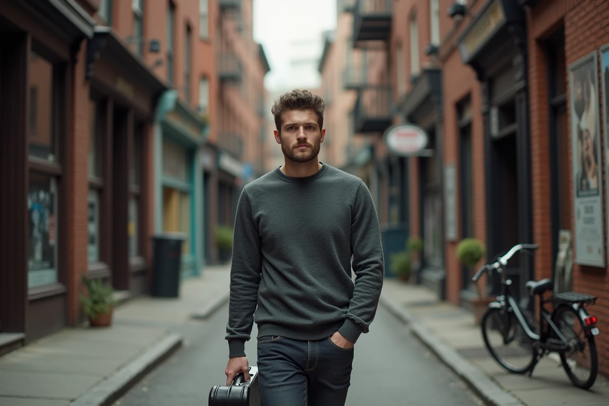 Homme avec guitare dans une rue urbaine nostalgique