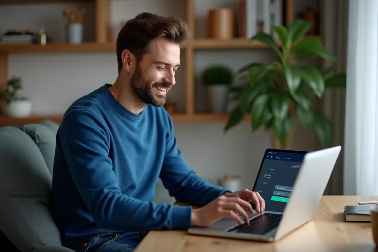 Homme détendu vérifiant site de streaming sécurisé à la maison